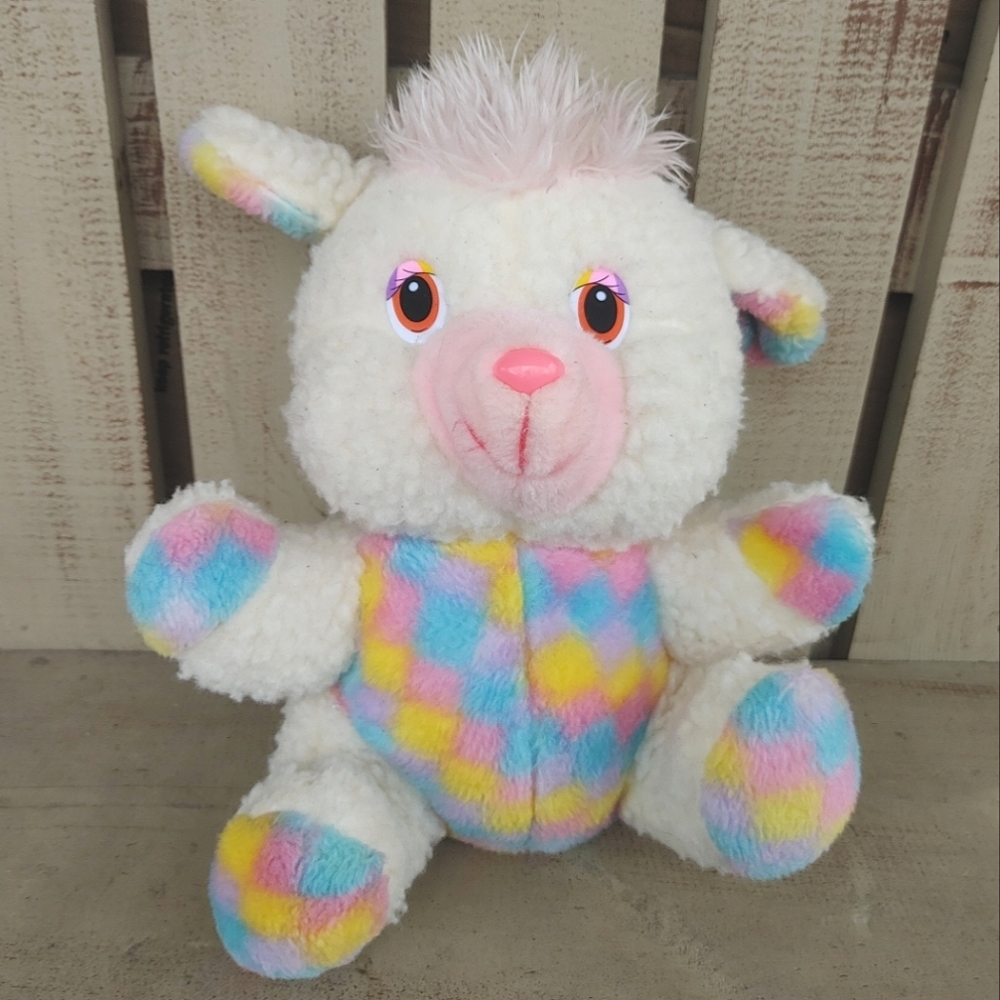 House Of Lloyd Wool Plush Lamb Pastel Checkered Stuffed Animal Sheep Vtg Easter